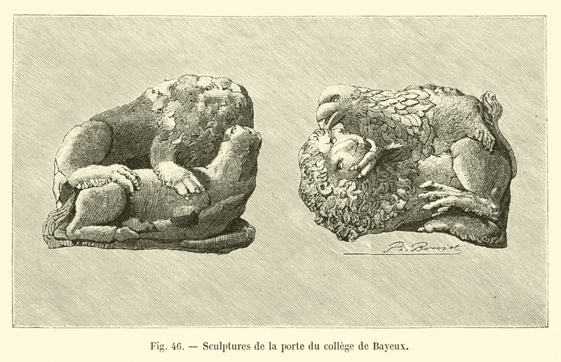 Sculture sulla porta del collegio di Bayeux (incisione) da French School