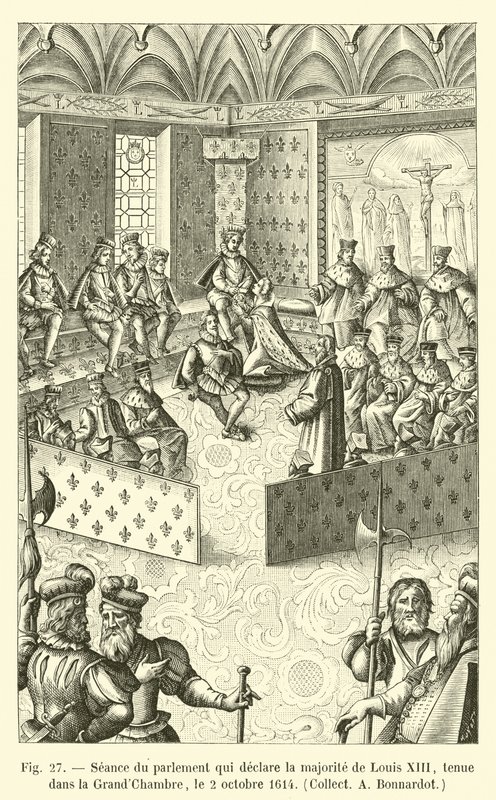 Seduta del parlamento che dichiara la maggioranza di Luigi XIII, tenuta nella Grand-Chambre, il 2 ottobre 1614, Collezione A Bonnardot da French School
