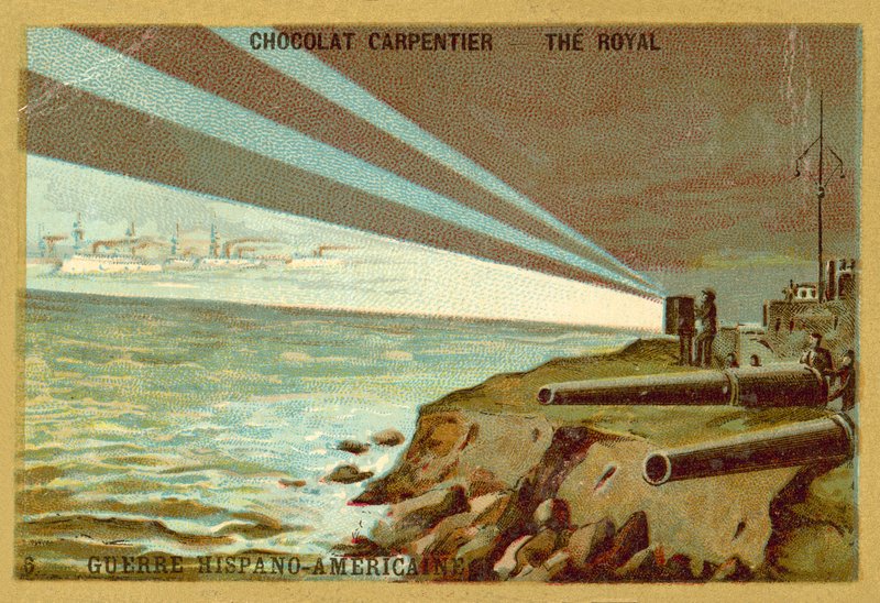 Fari di ricerca da una batteria costiera che illuminano una flotta di navi da guerra, Guerra ispano-americana da French School