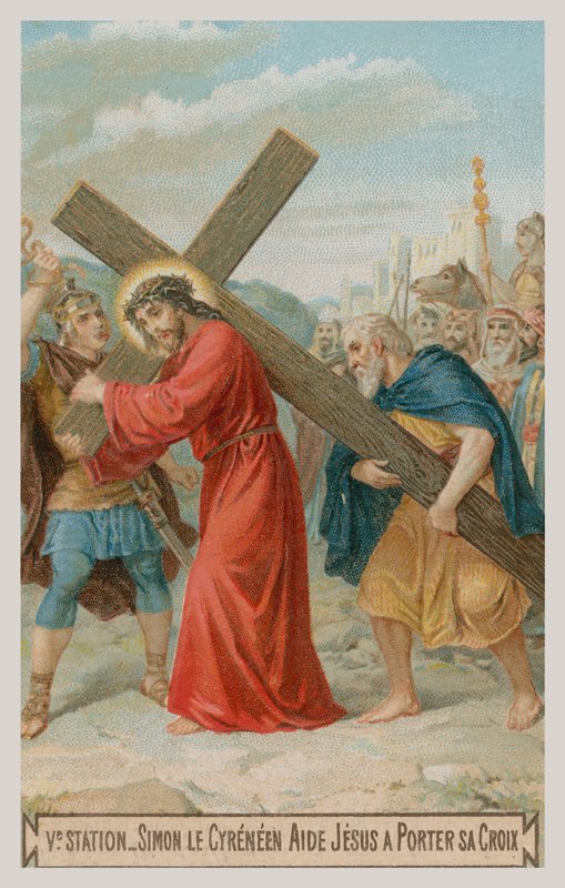 Simone di Cirene aiuta Gesù a portare la croce. La quinta stazione della Via Crucis da French School