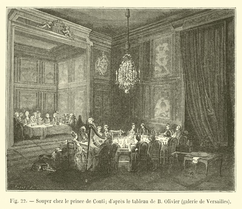 Cena presso il principe di Conti; dal quadro di B. Olivier, galleria di Versailles da French School