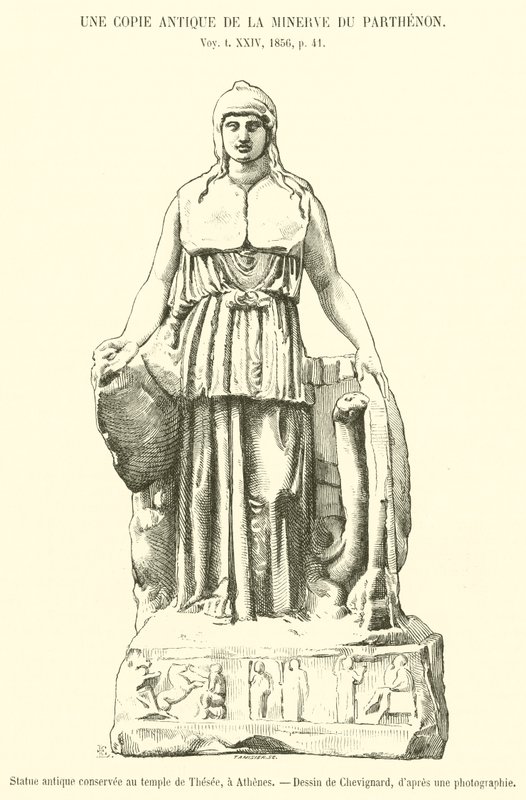 Statua antica conservata nel tempio di Teseo, ad Atene (incisione) da French School