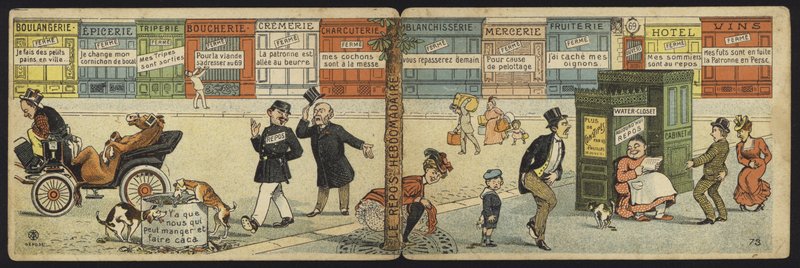 Scena di strada con una fila di negozi chiusi e un bagno pubblico chiuso da French School