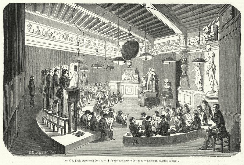 Studenti in una classe in una scuola gratuita di disegno, Francia da French School