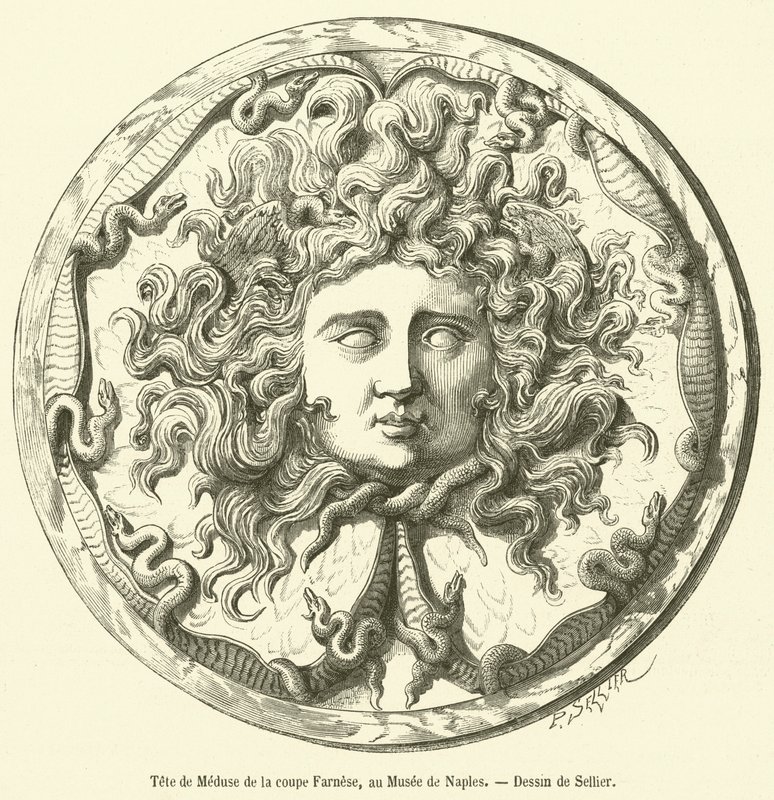 Testa di Medusa della coppa Farnese, al Museo di Napoli (incisione) da French School