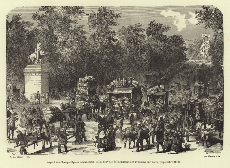Gli Champs-Élysées il giorno dopo la notizia della marcia prussiana su Parigi, settembre 1870 da French School