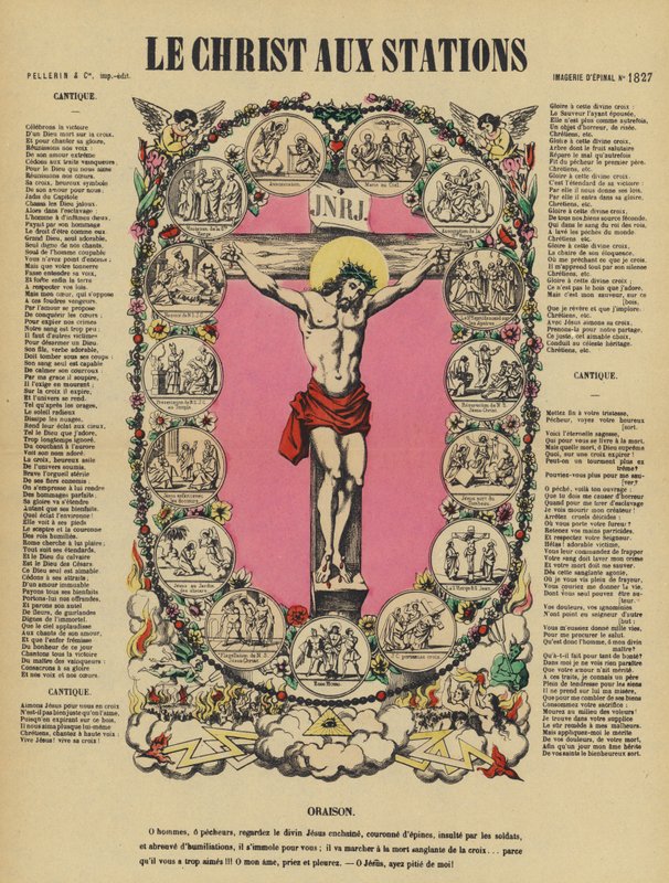 La crocifissione di Gesù e la Via Crucis (litografia a colori) da French School