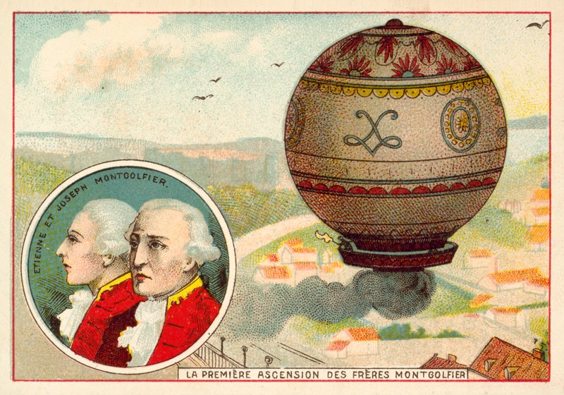 La prima ascensione in mongolfiera dei Fratelli Montgolfier da French School