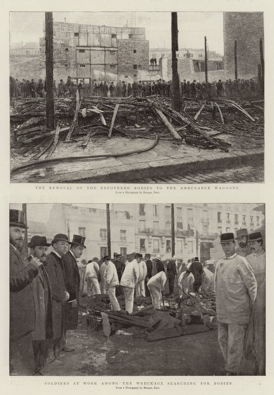 Il recupero dei corpi ritrovati per i carri ambulanze, soldati al lavoro tra i rottami alla ricerca di corpi (incisione) da French School