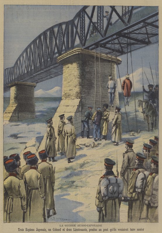 La guerra russo-giapponese: truppe russe impiccano tre sabotatori giapponesi dal ponte che stavano pianificando di far saltare da French School