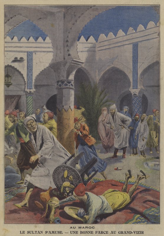 Il Sultano del Marocco si diverte facendo uno scherzo al suo Gran Visir (litografia a colori) da French School