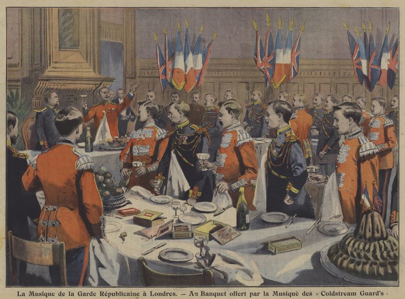 La banda della Guardia Repubblicana Francese a un banchetto ospitato dalla banda delle Coldstream Guards a Londra (litografia a colori) da French School
