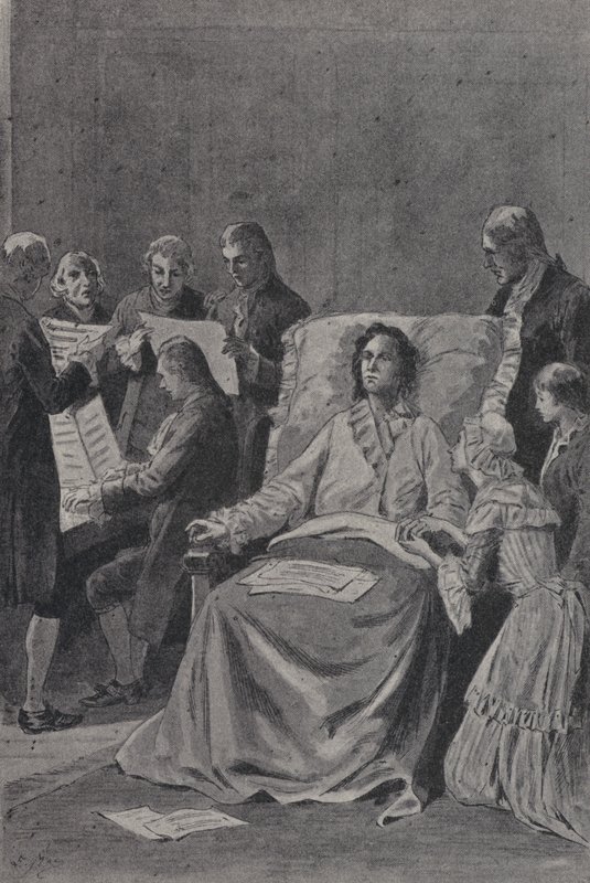 Il morente Wolfgang Amadeus Mozart ascolta i suoi amici eseguire la sua cantata In Lode dell