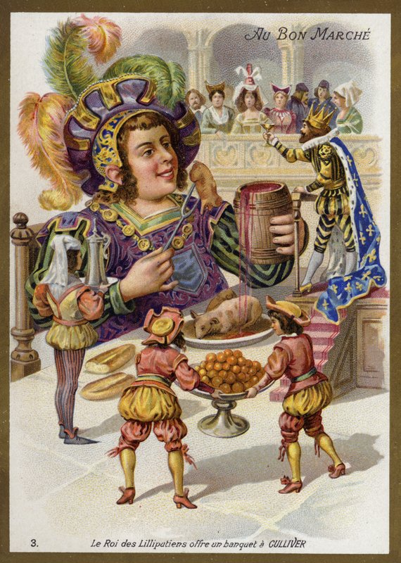 Il re dei Lillipuziani organizza un banchetto per Gulliver da French School