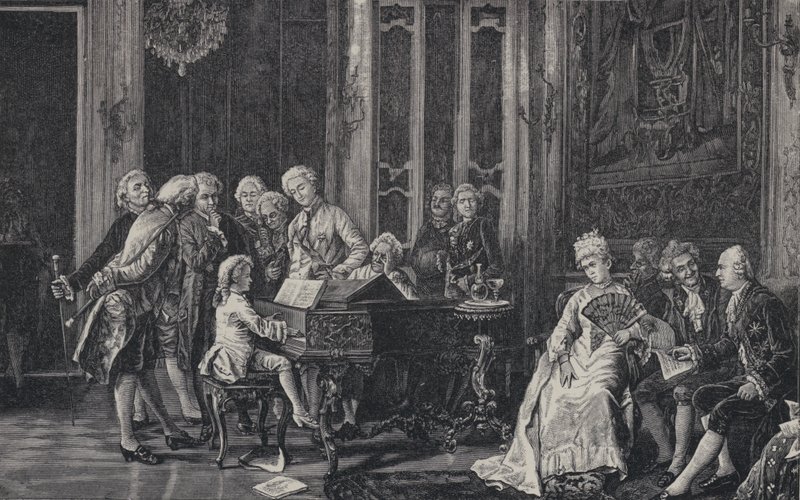 Il sette anni Wolfgang Amadeus Mozart che suona davanti a Re Giorgio III a Londra, 1764 da French School