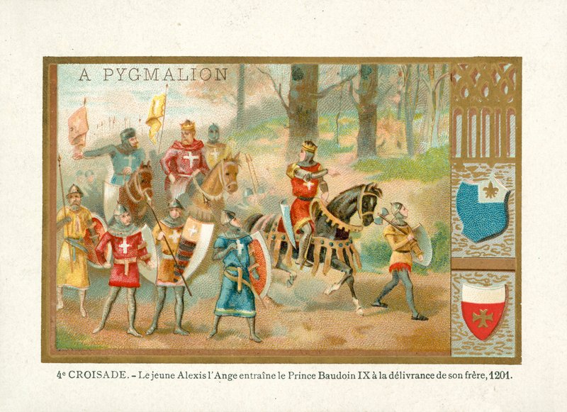 Il giovane Alexios IV Angelo porta Baldovino IX, conte delle Fiandre, a liberare suo fratello, Quarta Crociata da French School