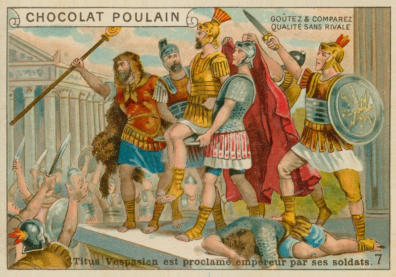 Tito proclamato Imperatore, carta commerciale Chocolat Poulain da French School