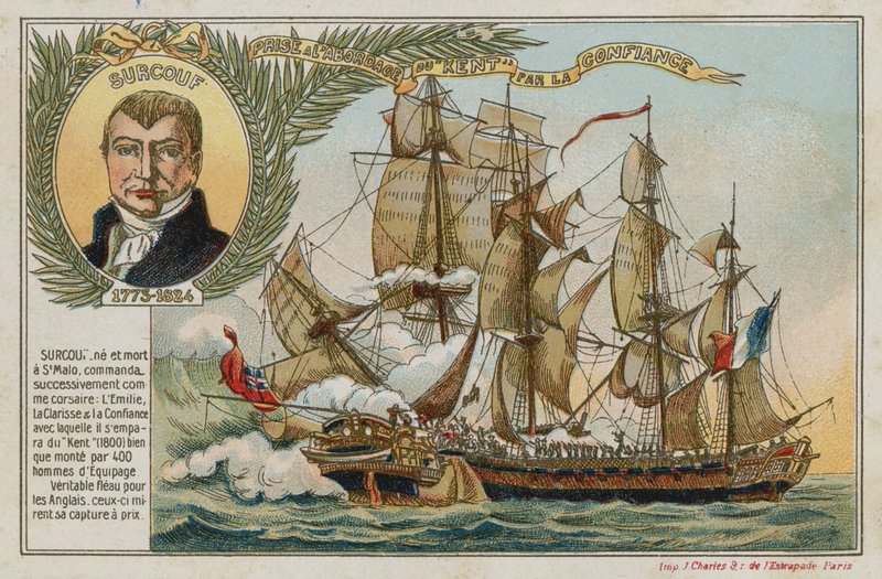 Carta commerciale con immagine della cattura della East Indiaman Kent da parte della Confiance da French School