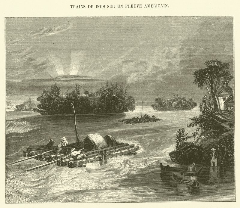 Treni di legno su un fiume americano da French School