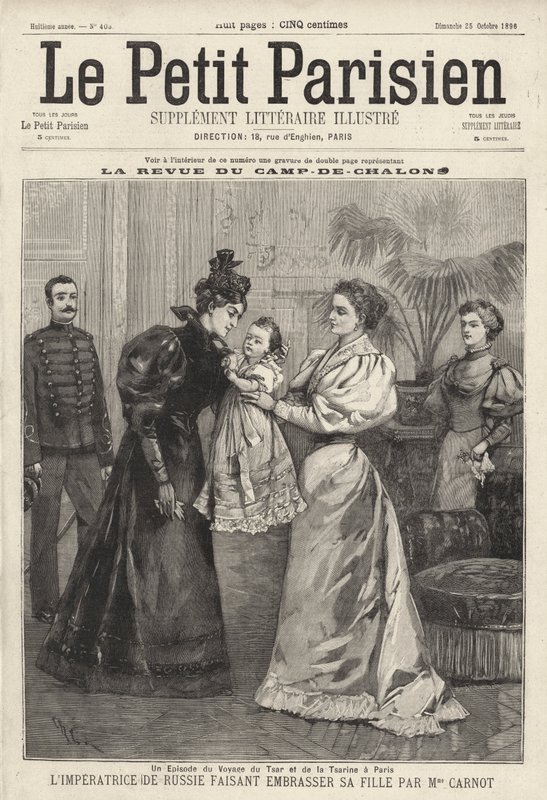 La zarina Alessandra di Russia invita la vedova del presidente francese Sadi Carnot a baciare sua figlia, la granduchessa Olga, durante la visita della famiglia imperiale russa a Parigi da French School