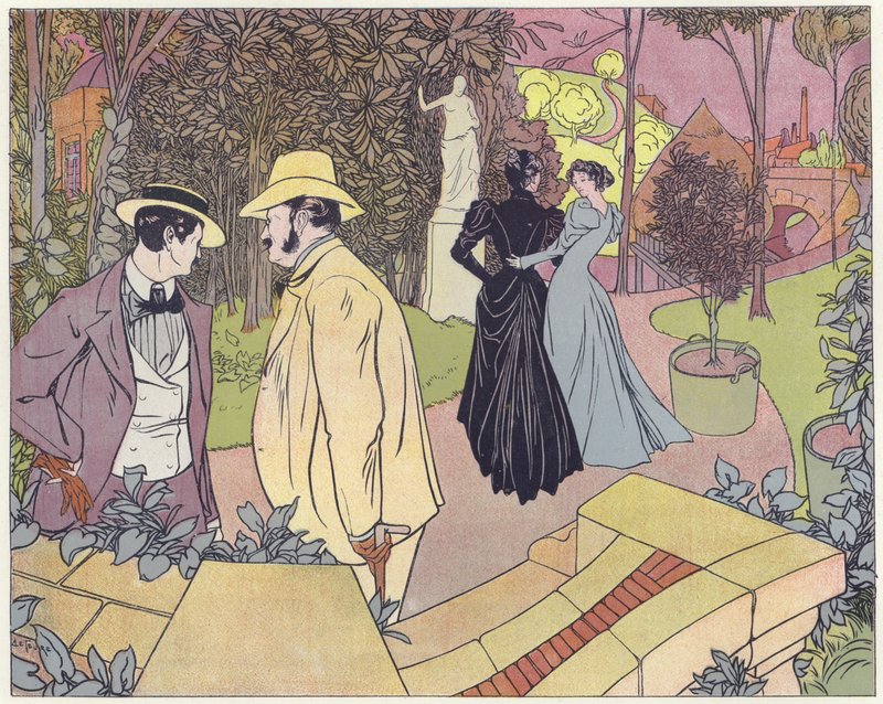 Due uomini conversano mentre due donne passeggiano in un giardino da French School