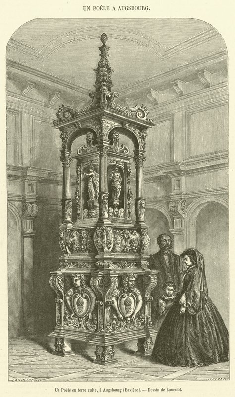 Una stufa in terracotta, ad Augusta, Baviera (incisione) da French School