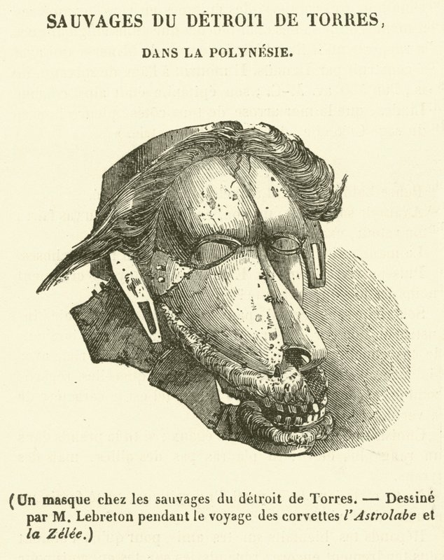 Una maschera tra i selvaggi dello Stretto di Torres (incisione) da French School