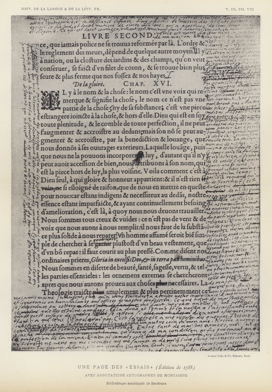Una pagina degli Essais, edizione del 1588, con annotazioni autografe di Montaigne da French School
