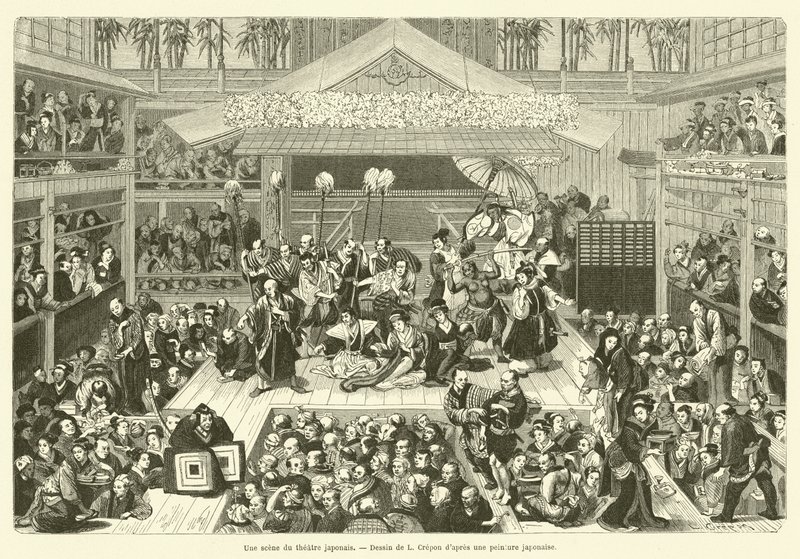 Una scena del teatro giapponese (incisione) da French School