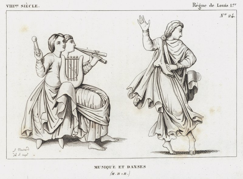 VIII secolo, regno di Luigi I, musica e danze (incisione) da French School