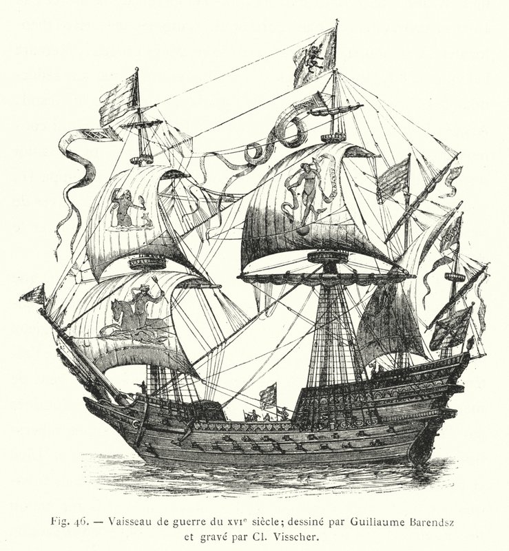 Nave da guerra del XVI secolo; disegnata da Guillaume Barendsz e incisa da Cl Visscher (incisione) da French School