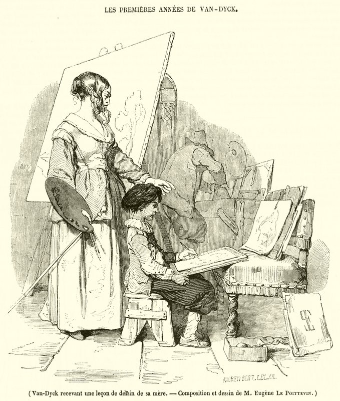 Van-Dyck riceve una lezione di disegno da sua madre da French School