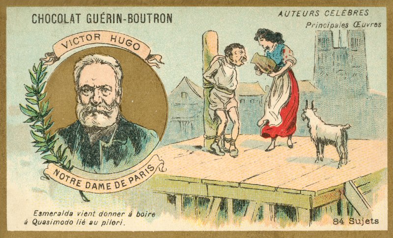 Victor Hugo, autore francese, e una scena dal suo romanzo Notre Dame de Paris da French School