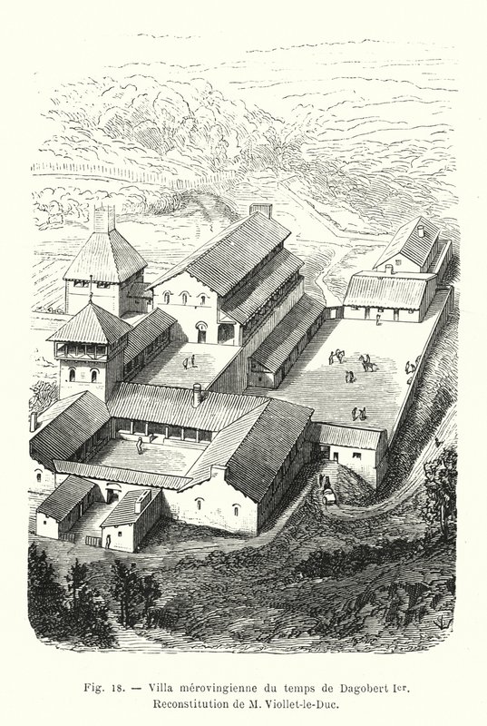 Villa merovingia del tempo di Dagoberto I, Ricostruzione di M Viollet-le-Duc (incisione) da French School