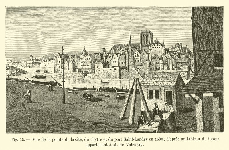 Vista della punta della città, del chiostro e del porto Saint-Landry nel 1590; secondo un quadro del tempo appartenente a M de Valencay da French School