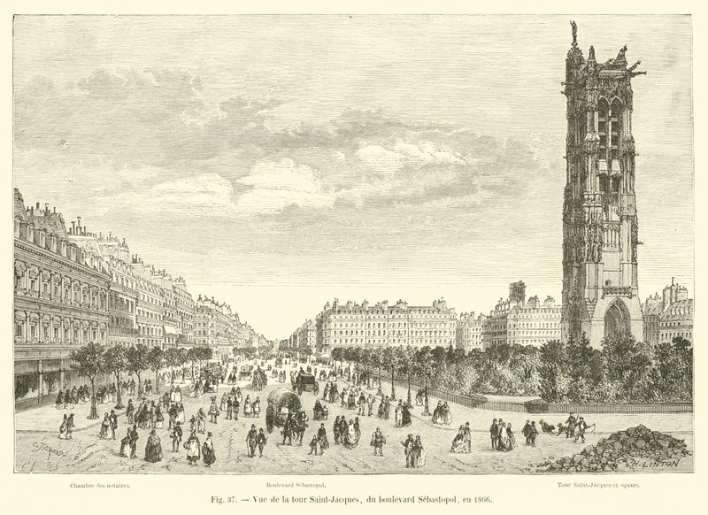 Veduta della torre Saint-Jacques, dal boulevard Sebastopol, nel 1866 da French School