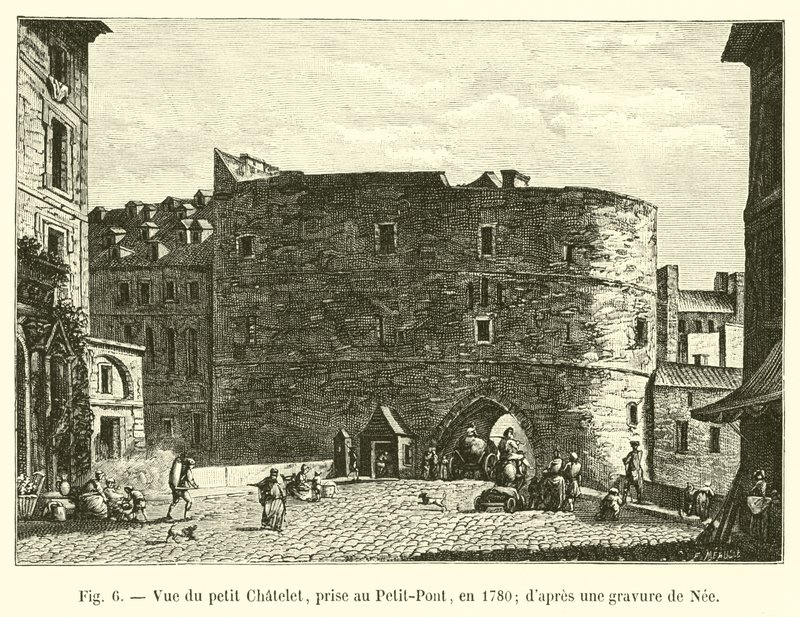 Veduta del piccolo Chatelet, presa al Petit-Pont, nel 1780; da un