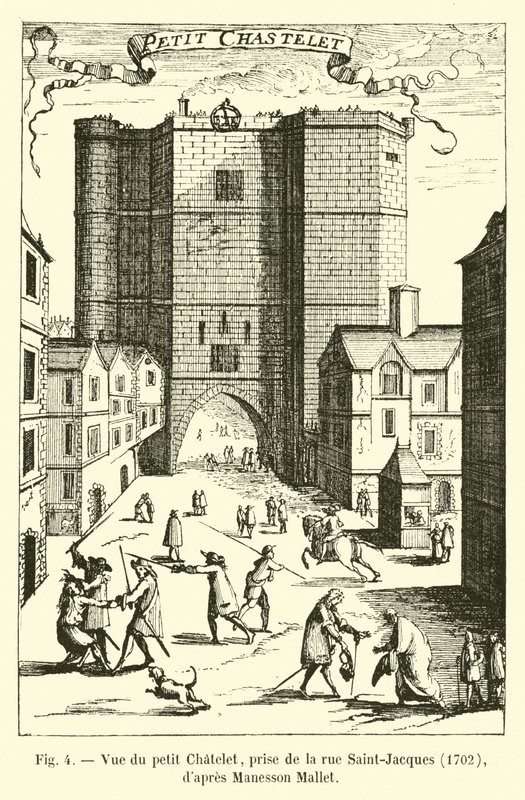 Veduta del piccolo Chatelet, presa da rue Saint-Jacques, 1702, secondo Manesson Mallet da French School