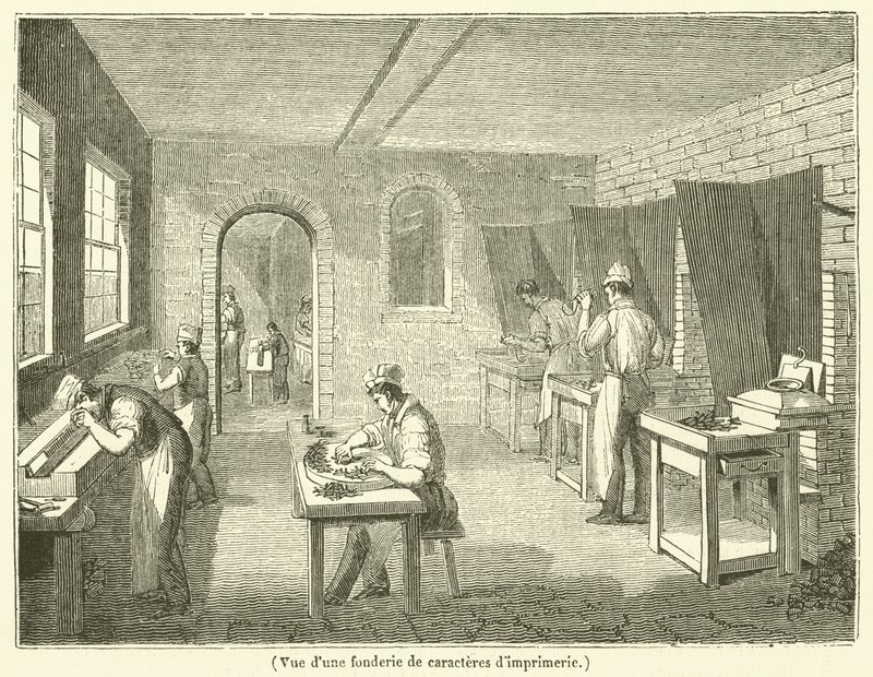 Vista di una fonderia di caratteri tipografici da French School