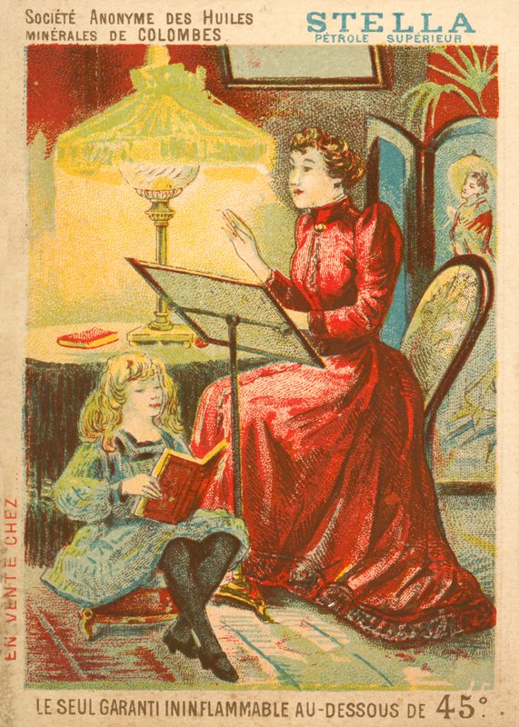 Donna e bambino che leggono alla luce di una lampada a olio da French School
