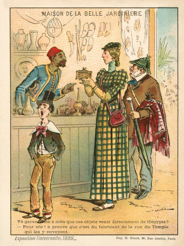 Donna che esamina oggetti egiziani, Esposizione Universale 1889, Parigi da French School