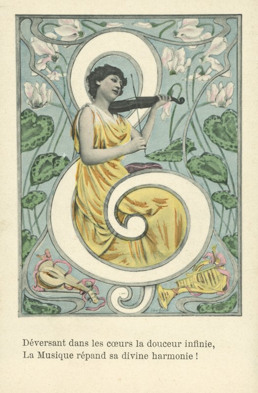 Donna in una chiave di violino (litografia a colori) da French School
