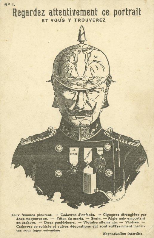 Cartolina di propaganda anti-tedesca della Prima Guerra Mondiale (litografia) da French School