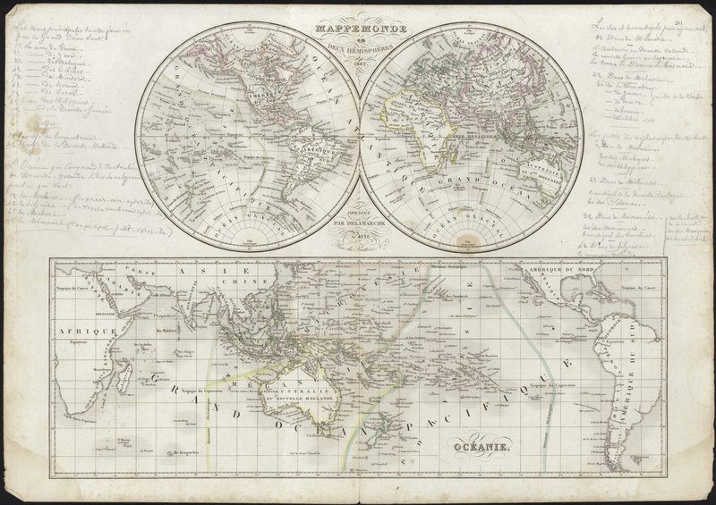 Mappa del mondo in due emisferi da French School