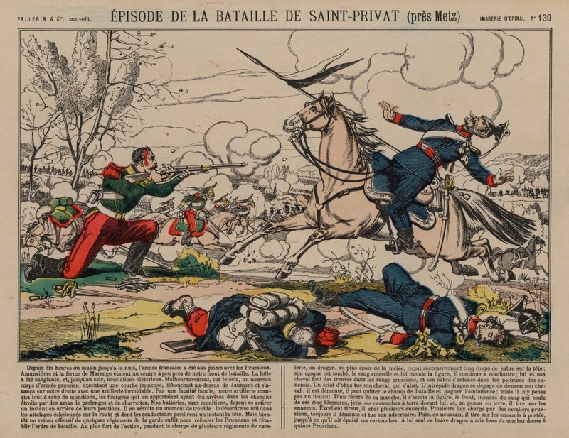 Dragone francese ferito che spara a un lanciere prussiano alla Battaglia di Saint-Privat, Guerra Franco-Prussiana da French School