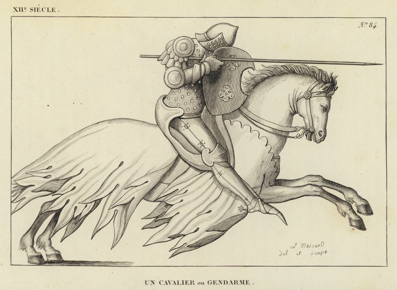 XII secolo, un cavaliere o gendarme (incisione) da French School