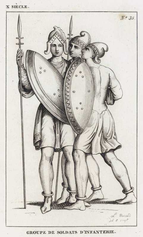 X secolo, gruppo di soldati di fanteria (incisione) da French School