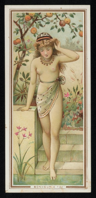 Giovane donna in un giardino, cartolina di auguri da French School