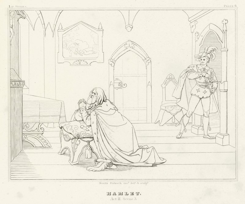 Amleto, Atto III, Scena 3 (incisione) da Friedrich August Moritz Retzsch