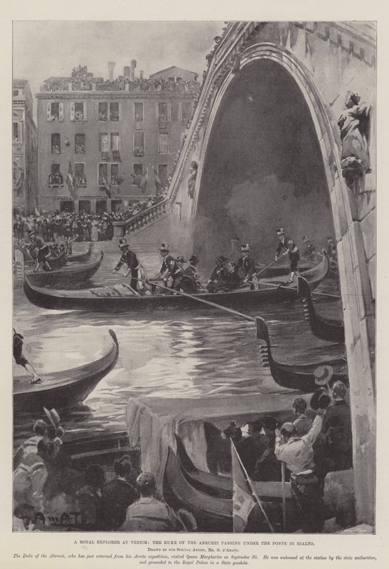 Un esploratore reale a Venezia, il Duca degli Abruzzi che passa sotto il Ponte di Rialto da G.S. Amato